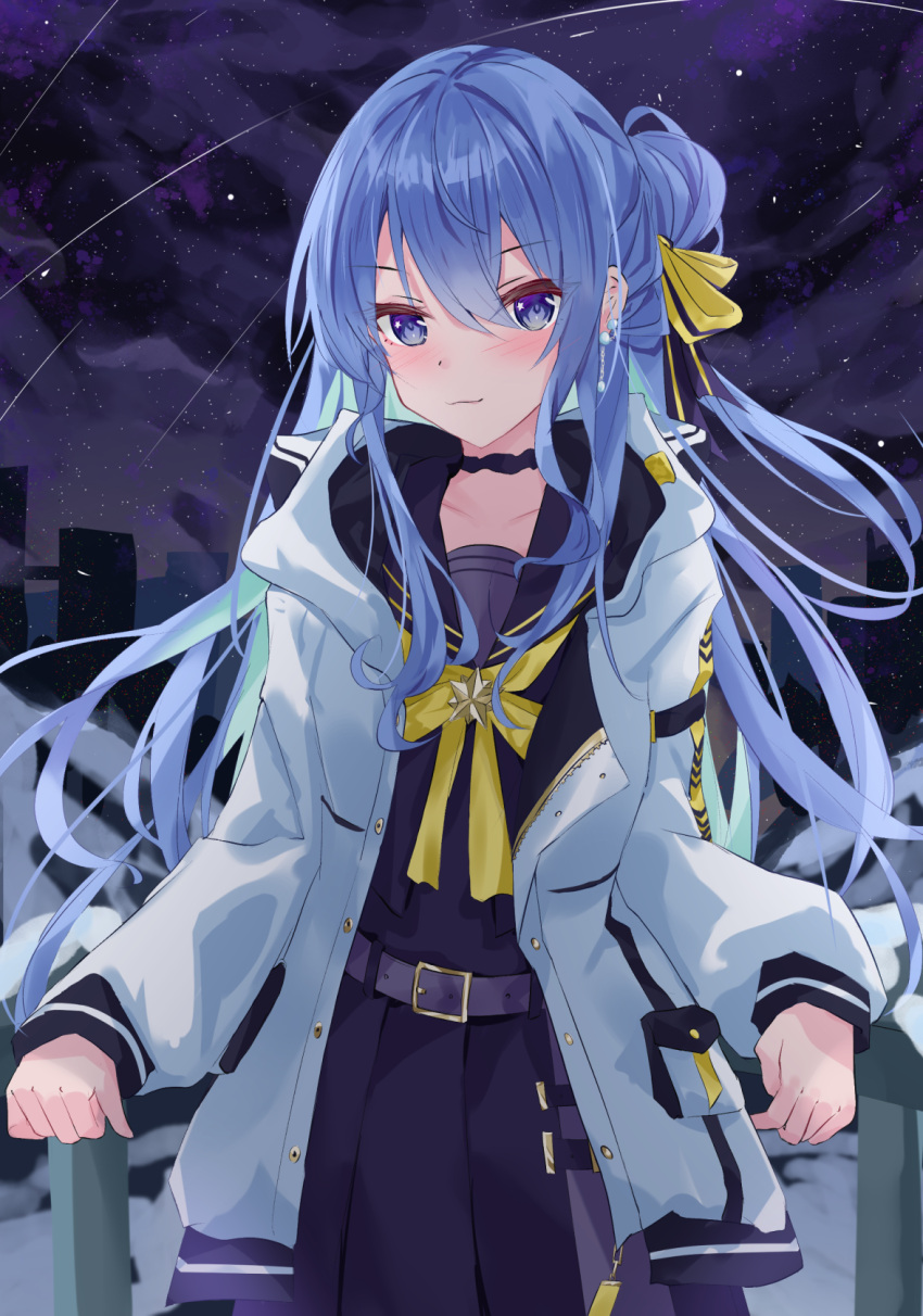 :3 ascot bangs belt black_belt black_dress blue_eyes blue_hair blue_jacket blush building collarbone dress eyebrows_visible_through_hair eyes_visible_through_hair hair_between_eyes highres hololive hoshimachi_suisei jacket leaning looking_at_viewer medium_hair nerusu railing ribbon sailor_collar shooting_star sidelocks sky skyscraper star_(sky) star_(symbol) star_in_eye starry_sky symbol_in_eye virtual_youtuber yellow_ascot yellow_ribbon