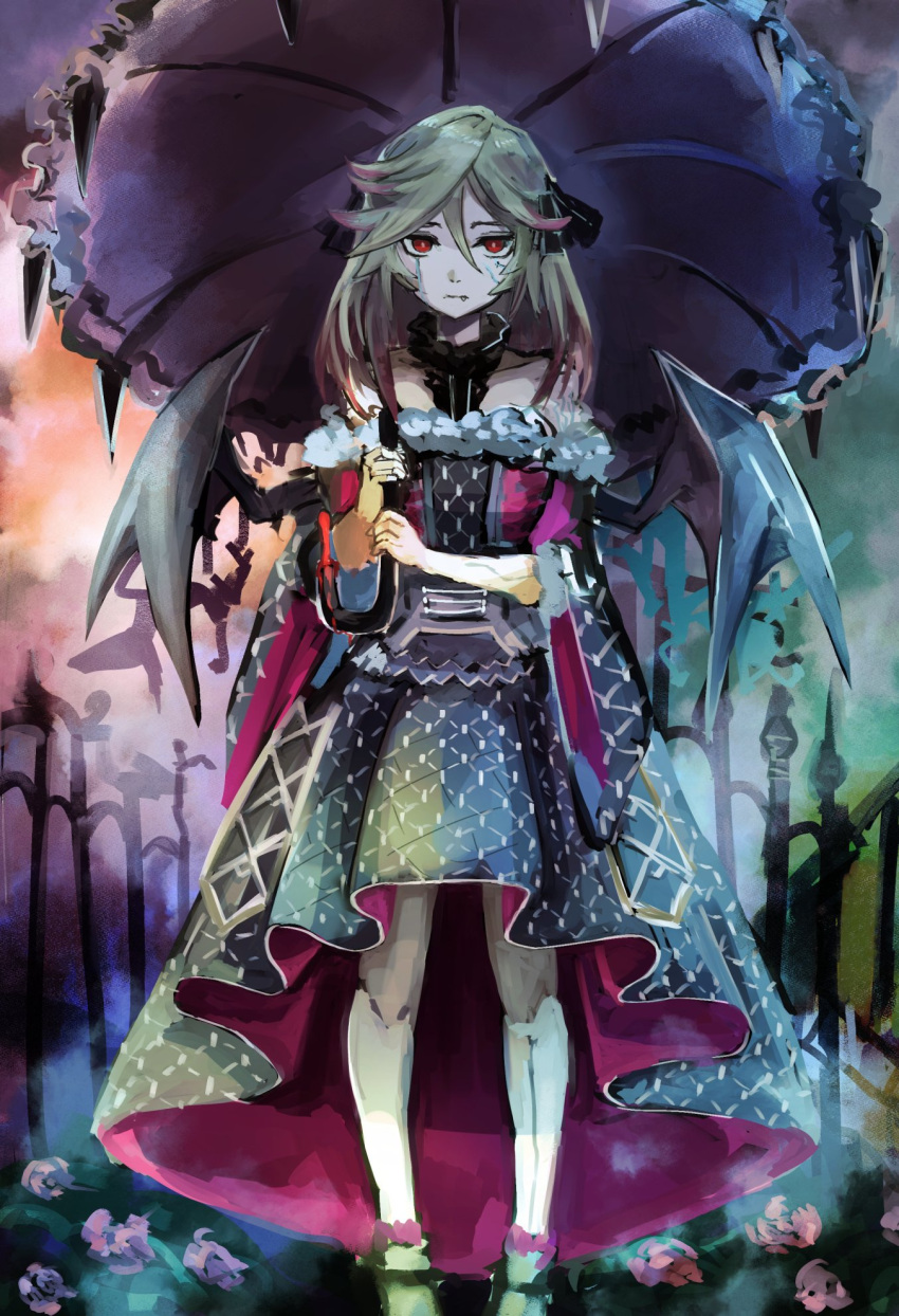 1girl bare_shoulders bat_wings black_wings blonde_hair blue_umbrella bow bright_pupils closed_mouth clouds cloudy_sky collarbone dress facial_mark fang fang_out fence flower frills fur-trimmed_dress fur_trim hair_between_eyes hatano_kiyoshi highres holding holding_umbrella long_hair looking_at_viewer mini_wings multicolored_hair off-shoulder_dress off_shoulder outdoors over_shoulder patterned patterned_clothing pink_bow pink_flower pink_hair purple_flower purple_umbrella red_eyes redhead sky solo standing umbrella vampire_fraulein white_pupils wings yu-gi-oh!