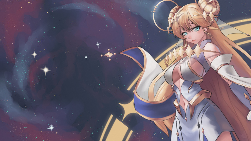 1girl blonde_hair blue_eyes blue_gloves breasts clothing_cutout cyberlive double_bun dress eyebrows_behind_hair gloves highres kaneko_lumi light_smile long_hair looking_to_the_side medium_breasts navel navel_cutout roober solo space star_(sky) under_boob very_long_hair virtual_youtuber white_dress