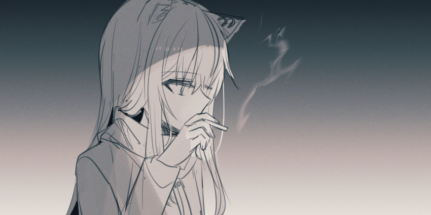 1girl absurdres animal_ear_fluff animal_ears arknights bangs chihuri cigarette ear_piercing eyebrows_visible_through_hair greyscale hair_between_eyes hand_up highres holding holding_cigarette jacket long_hair long_sleeves looking_away monochrome piercing smoke solo texas_(arknights) upper_body