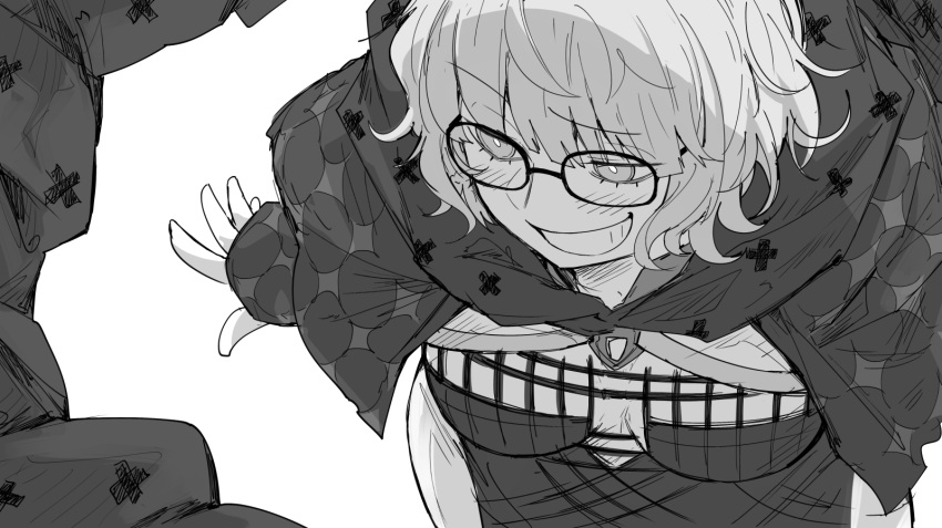 1girl black_dress cropped_jacket dress fate/grand_order fate_(series) genderswap glasses greyscale grin hooded_dress jacques_de_molay_(foreigner)_(fate) kan_(aaaaari35) knights_templar monochrome padded_coat short_hair smile solo