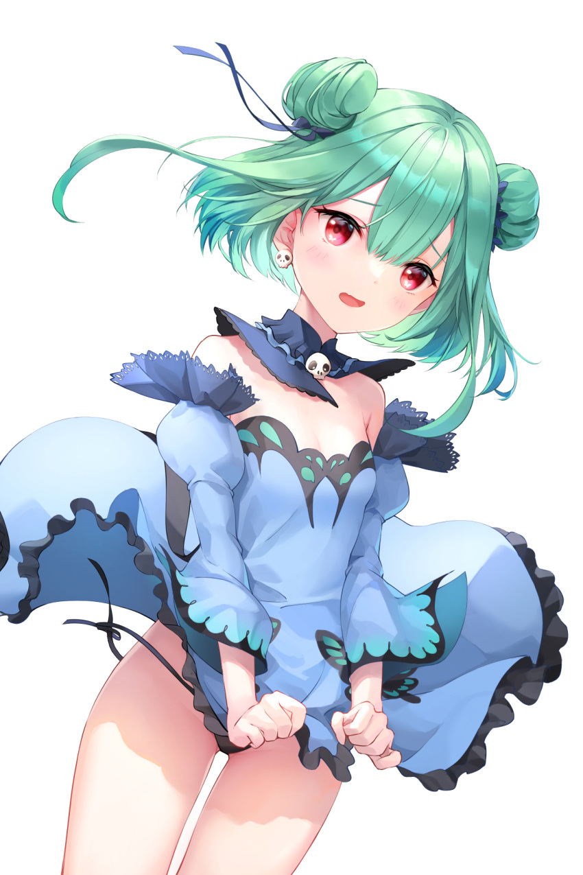 1girl animal_print bare_shoulders black_panties blue_dress blue_ribbon blue_sleeves blush breasts brooch butterfly_print chocofox detached_collar detached_sleeves double_bun dress dress_tug earrings embarrassed frilled_dress frills green_hair hair_ornament hair_ribbon highres hololive jewelry juliet_sleeves long_sleeves looking_at_viewer medium_hair panties puffy_sleeves red_eyes ribbon short_dress side-tie_panties simple_background skull_brooch skull_earrings small_breasts solo strapless strapless_dress underwear uruha_rushia virtual_youtuber white_background wind wind_lift
