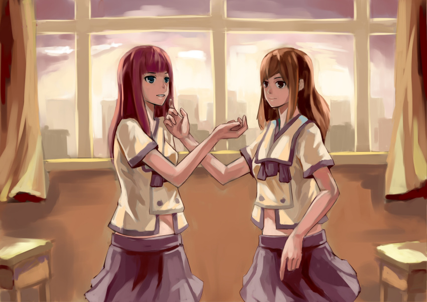 2girls akizuki_maria blue_eyes brown_eyes brown_hair long_hair looking_at_viewer multiple_girls qicq78261548 red_hair red_hair school_uniform shin_sekai_yori short_hair smile watanabe_saki yuri