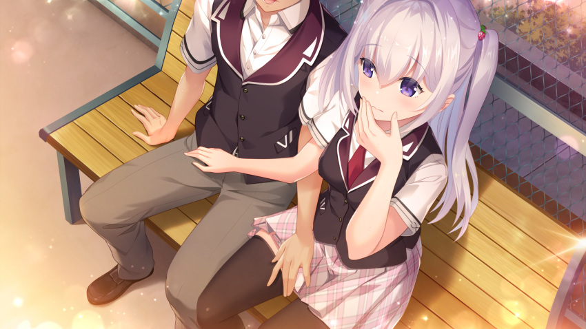 1boy 1girl asamori_mitsuki bangs black_legwear black_vest blush boku_no_mirai_wa_koi_to_kakin_to breasts closed_mouth couple covering_mouth day eyebrows_visible_through_hair food-themed_hair_ornament game_cg grey_pants hair_between_eyes hair_ornament hand_over_own_mouth head_out_of_frame hetero highres long_hair medium_breasts miniskirt necktie nironiro outdoors pants plaid plaid_skirt pleated_skirt red_necktie school_uniform shiny shiny_hair shirt short_sleeves silver_hair sitting_on_bench skirt strawberry_hair_ornament thigh-highs twintails very_long_hair vest violet_eyes white_shirt white_skirt