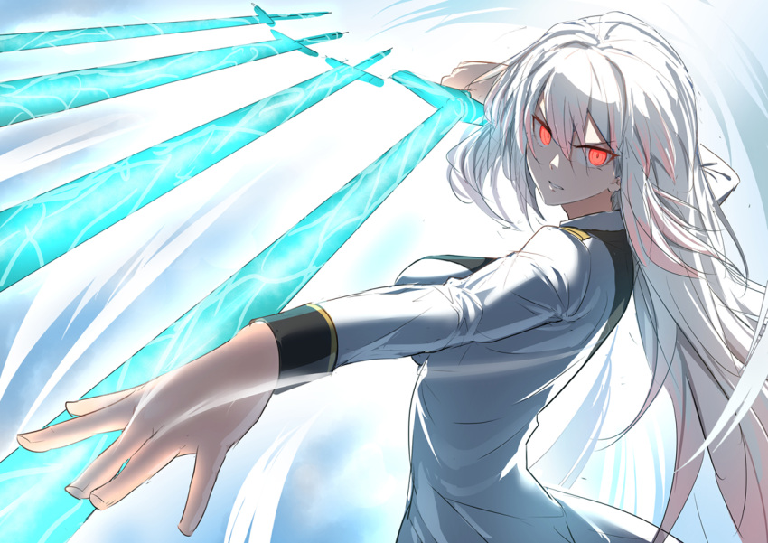1girl energy_sword floating floating_object floating_sword floating_weapon glowing glowing_eyes glowing_sword glowing_weapon holding holding_sword holding_weapon kengzeta knight long_hair looking_at_viewer magic original parted_lips red_eyes solo sword weapon white_hair