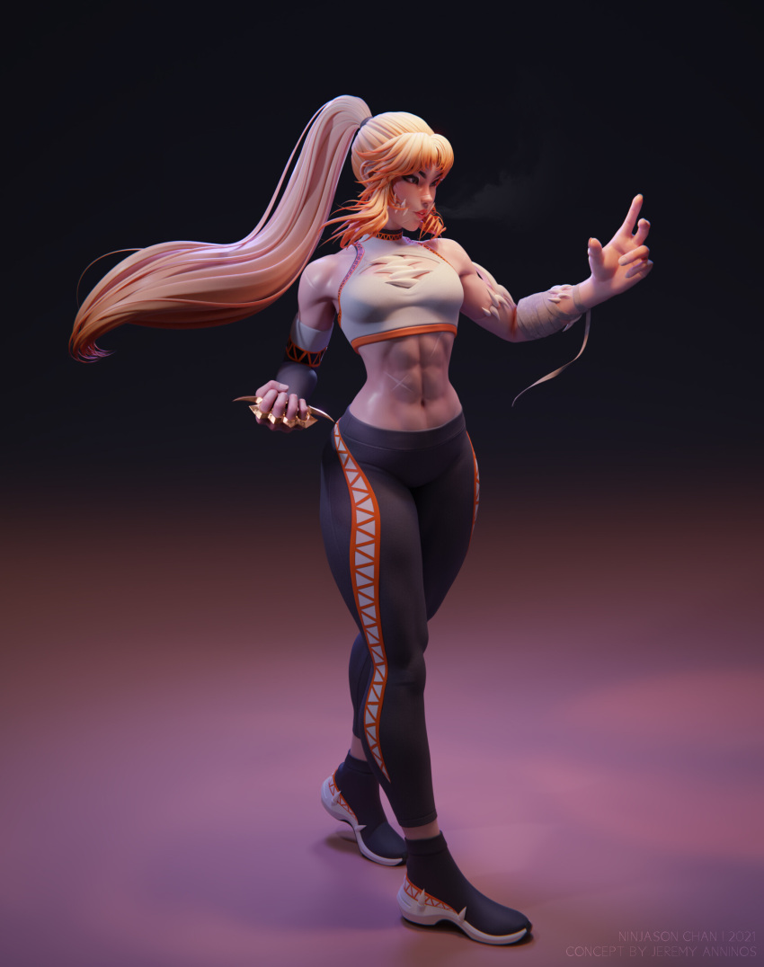 1girl 3d abs absurdres bandages black_footwear black_legwear blender_(medium) blonde_hair bra brass_knuckles cleavage_cutout clothing_cutout fighting_stance from_side full_body glasgow_smile gradient gradient_background highres leggings long_hair monster_girl muscular muscular_female ninjason_chan scar scar_on_face scar_on_nose sharp_teeth simple_background skin_tight solo sports_bra sportswear standing stomach tanya_(jeremy_anninos) teeth underwear weapon white_bra