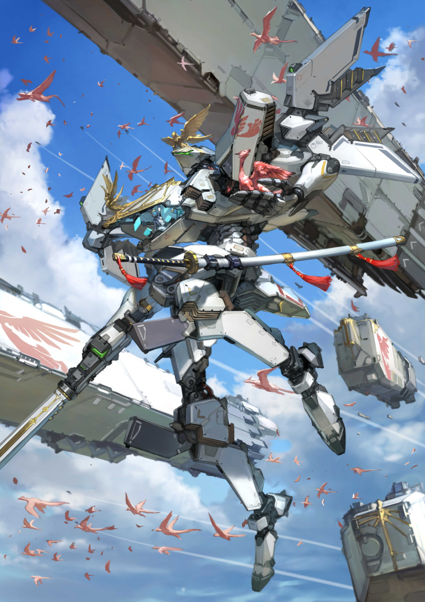 absurdres clouds dragon flying gun highres holding holding_gun holding_weapon in_palm katana mecha original science_fiction sheath sheathed sky solo space_craft sword takayama_toshiaki visor weapon