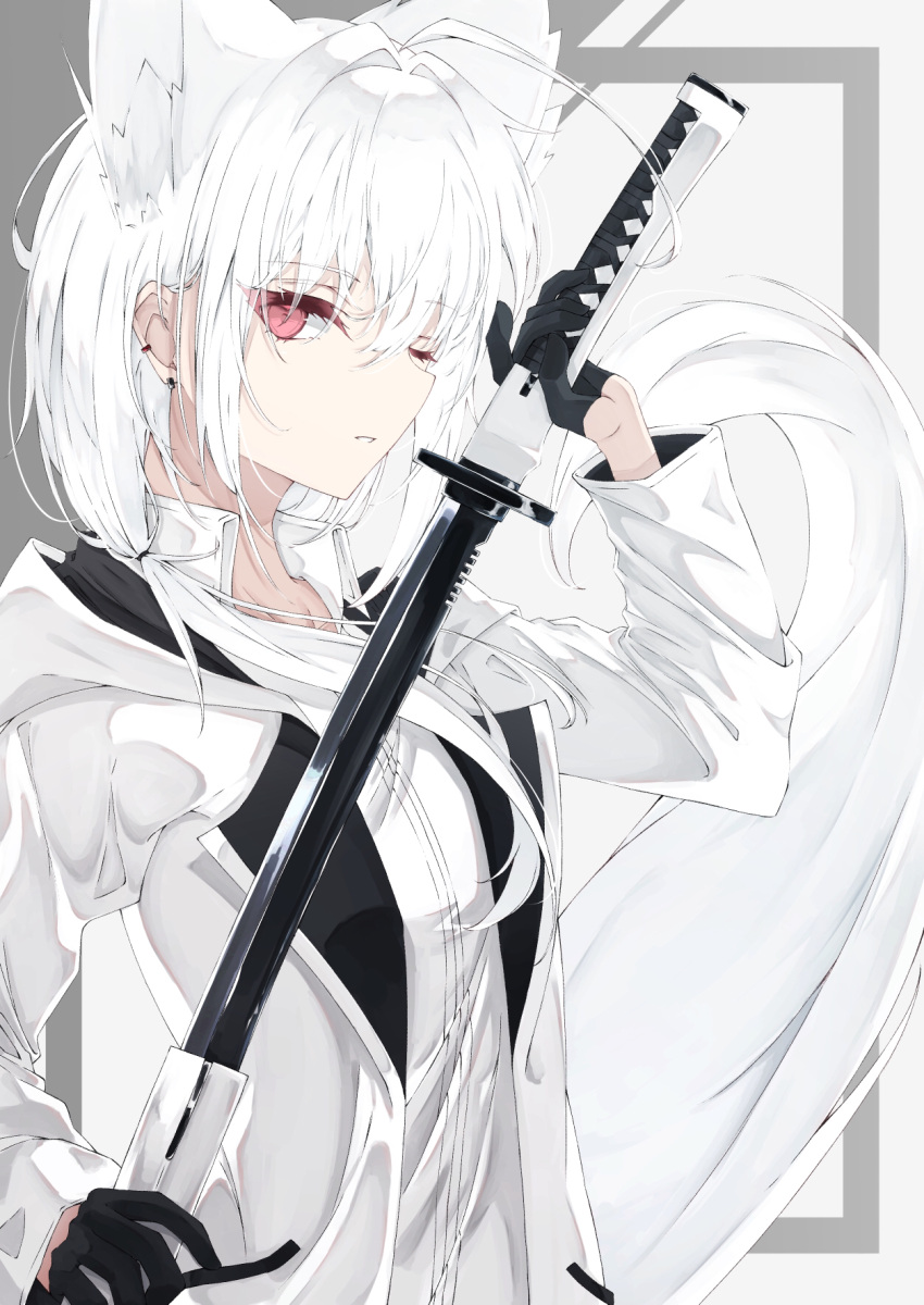 1girl ahoge animal_ear_fluff animal_ears bangs black_gloves earrings extra_ears eyebrows_visible_through_hair gloves highres holding holding_sword holding_weapon jewelry katana long_hair long_sleeves looking_at_viewer one_eye_closed original pink_eyes sheath shirt simple_background solo standing sumishi_(sumisi_3) sword tail tail_raised unsheathing weapon white_hair white_shirt