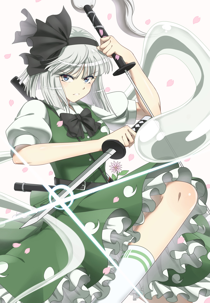 1girl absurdres belt black_belt black_hairband black_ribbon blue_eyes bob_cut bow bowtie breasts collared_shirt flower frilled_skirt frills green_skirt green_vest grey_hair hair_ribbon hairband highres hitodama_print holding holding_sword holding_weapon katana kin-kun konpaku_youmu petals pink_flower puffy_short_sleeves puffy_sleeves ribbon shirt short_hair short_sleeves skirt skirt_set small_breasts socks sword touhou v-shaped_eyebrows vest wakizashi weapon white_legwear white_shirt