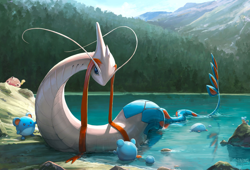 antennae fins forest gills highres lake looking_at_another marill mcgmark milotic mountain mountainous_horizon nature no_humans partially_submerged pokemon pokemon_(creature) rock scenery shellos shellos_(east) shuckle tail tail_fin tree water wet