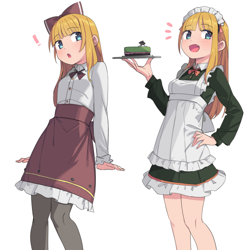 ! 1girl :d :o blonde_hair blue_eyes bow brown_bow brown_skirt cake eyebrows_visible_through_hair fang food hair_bow hand_on_hip highres holding holding_plate long_hair long_sleeves looking_at_viewer maid maid_headdress multiple_views open_mouth original pantyhose plate saiste shirt simple_background skin_fang skirt smile white_background white_legwear white_shirt