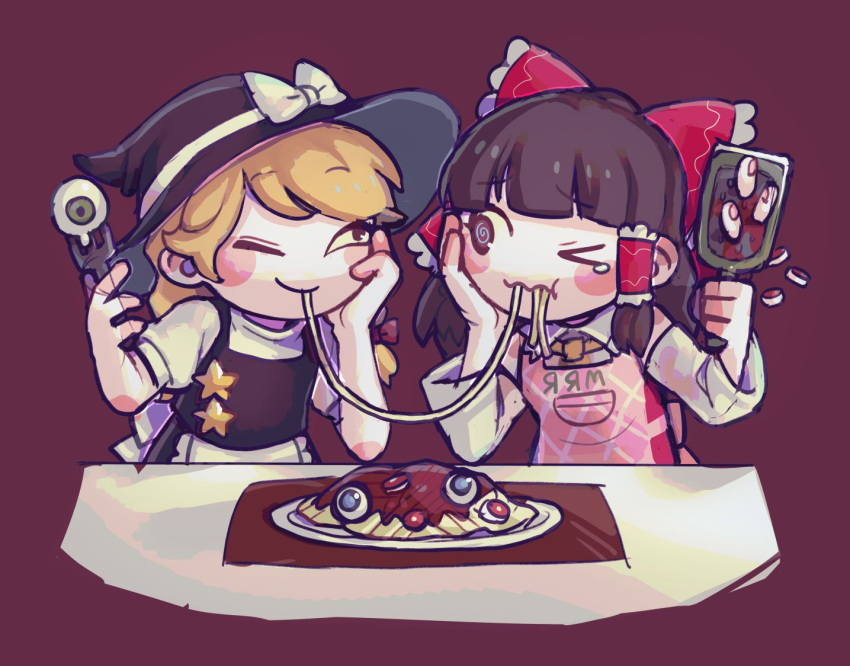 2girls :t @_@ apron bangs black_eyes black_vest blonde_hair blush bow brown_eyes brown_hair cannibalism closed_mouth colored_sclera commentary cookie_(touhou) cowboy_shot detached_sleeves eating eyeball food fork frilled_bow frilled_hair_tubes frills grater guro hair_bow hair_tubes hakurei_reimu hat hat_bow hita_(hizokuseikogeki) holding holding_fork kirisame_marisa long_hair looking_at_another meatball multiple_girls one_eye_closed pasta pink_apron red_background red_bow rurima_(cookie) shared_food shirt simple_background sleeveless sleeveless_shirt smile spaghetti spaghetti_and_meatballs star_(symbol) suzu_(cookie) touhou vest wavy_mouth white_bow white_sleeves yellow_sclera