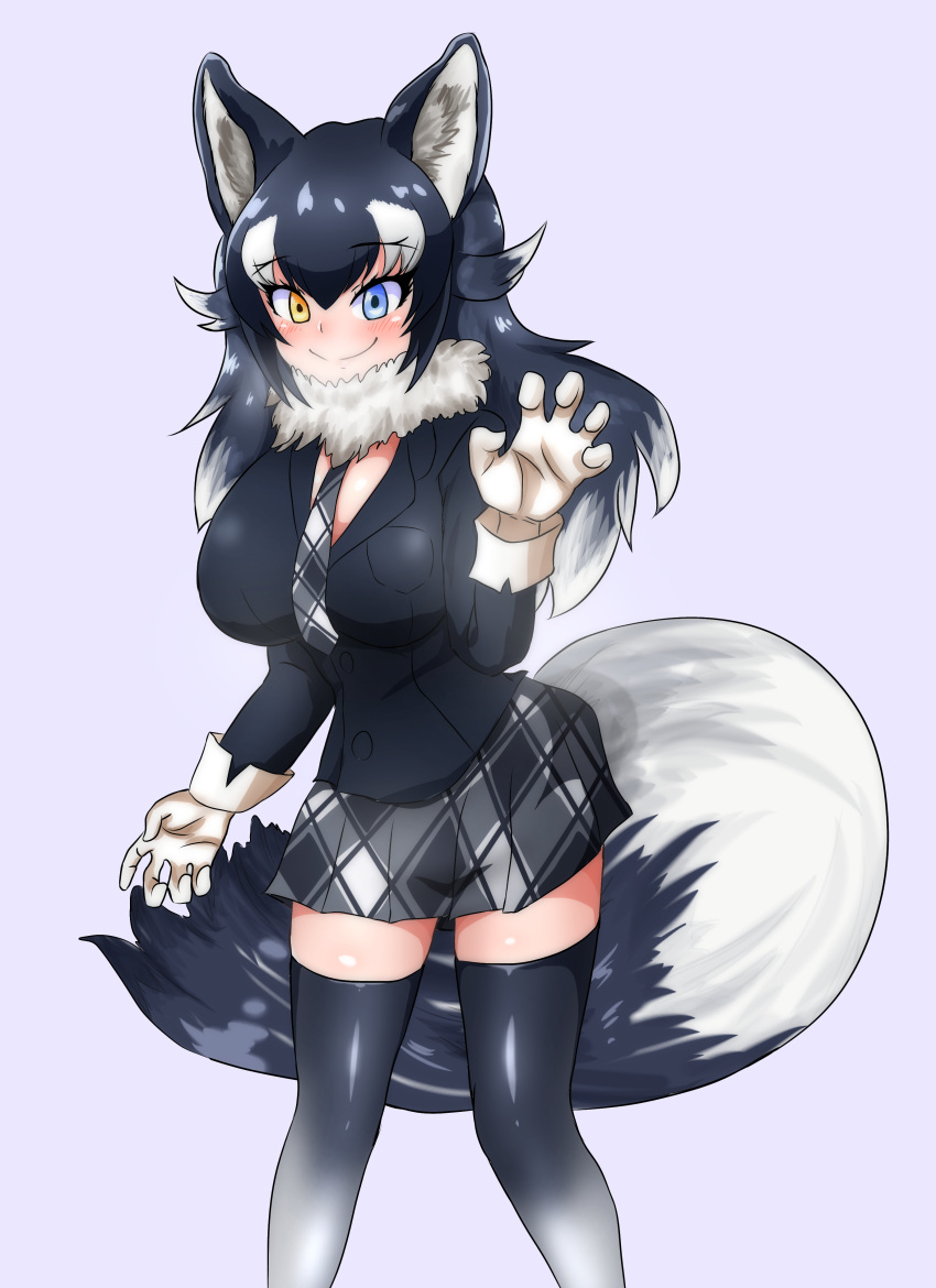 1girl absurdres animal_ear_fluff animal_ears artist_request black_hair blue_eyes blush breast_pocket breasts eyebrows_visible_through_hair fur_collar gloves grey_wolf_(kemono_friends) heterochromia highres kemono_friends large_breasts looking_at_viewer multicolored_hair necktie plaid_necktie pocket smile solo steam tail thigh-highs two-tone_hair white_gloves white_hair wolf_ears wolf_girl wolf_tail yellow_eyes zettai_ryouiki