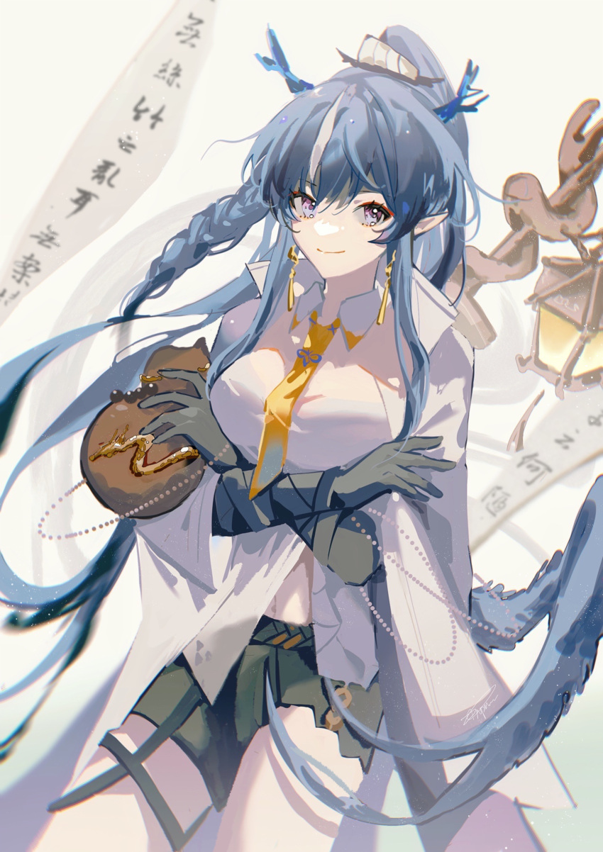 1girl absurdres arknights bangs black_gloves black_skirt blue_hair braid breasts c6h3n3o6 closed_mouth coat collared_shirt cowboy_shot crossed_arms dragon_girl dragon_horns dragon_tail earrings elbow_gloves eyebrows_visible_through_hair gloves gourd highres holding horns jewelry lantern ling_(arknights) long_hair looking_at_viewer medium_breasts miniskirt multicolored_hair necktie open_clothes open_coat pointy_ears ponytail shirt side_braid simple_background skirt smile solo streaked_hair tail translation_request two-tone_hair very_long_hair violet_eyes white_background white_coat white_hair white_shirt yellow_necktie