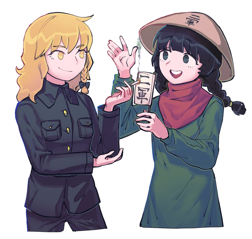 2girls bangs black_bow black_hair black_pants black_shirt blonde_hair bow braid cigarette closed_mouth commentary cookie_(touhou) cowboy_shot cropped_legs dress eyebrows_visible_through_hair green_dress green_eyes green_tea_(cookie) hair_bow hat highres hita_(hizokuseikogeki) holding holding_cigarette kirisame_marisa long_hair looking_at_another mikami_makoto multiple_girls open_mouth pants red_scarf rice_hat scarf shirt side_braid simple_background single_braid smile smoke touhou twin_braids white_background yatadera_narumi yellow_eyes