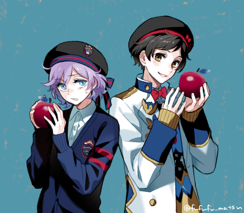 2boys androgynous apple black_hair blue_eyes blush bow brown_eyes epel_felmier food fruit funuyu hat highres looking_at_another looking_to_the_side multiple_boys neige_leblanche pale_skin purple_hair ribbon school_uniform sweatdrop twisted_wonderland