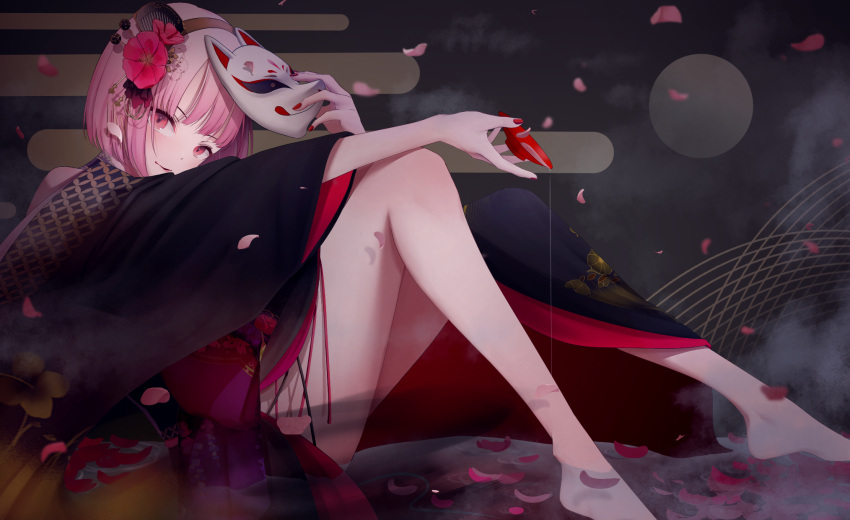 1girl bangs bare_legs barefoot black_kimono commentary cup flower fox_mask from_side full_body hair_flower hair_ornament highres holding holding_cup holding_mask hololive hololive_english japanese_clothes kimono long_sleeves looking_at_viewer looking_to_the_side mask mask_removed mori_calliope nail_polish petals pink_eyes pink_hair red_flower red_nails sakazuki short_hair sitting solo virtual_youtuber wamp