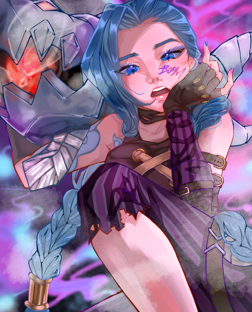 1girl absurdres arcane:_league_of_legends arcane_jinx arm_tattoo asymmetrical_bangs bangs bare_shoulders belt blue_hair braid breasts brown_belt brown_gloves cloud_tattoo collarbone fingerless_gloves gloves highres jinx_(league_of_legends) ka-gei knee_up league_of_legends long_hair looking_at_viewer pants rocket_launcher shoulder_tattoo solo striped striped_pants tattoo teeth twin_braids upper_teeth weapon