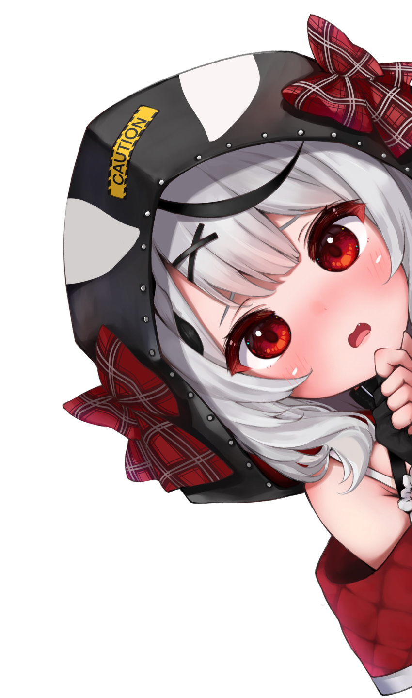 1girl absurdres bangs black_gloves black_hair blush bow commentary_request fang fingerless_gloves gloves hair_ornament highres hololive hood hood_up kohe_billialot looking_at_viewer medium_hair multicolored_hair nose_blush off_shoulder peeking_out plaid plaid_bow portrait red_bow red_eyes sakamata_chloe silver_hair simple_background solo streaked_hair virtual_youtuber white_background x_hair_ornament
