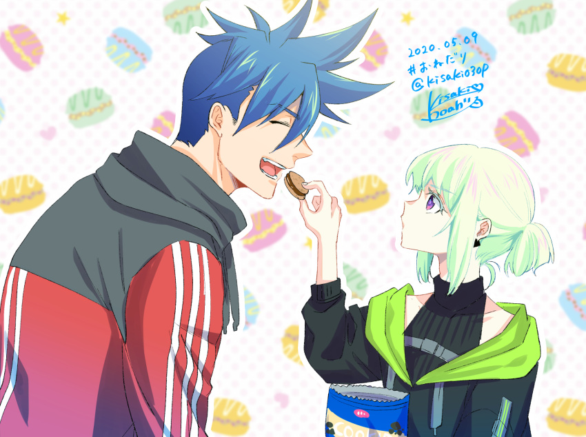 2boys blue_hair bob_cut earrings feeding food galo_thymos gloves green_hair half_gloves highres inverted_bob jewelry kisekisaki lio_fotia macaron male_focus multiple_boys off_shoulder open_mouth otoko_no_ko promare short_hair short_ponytail sidecut sleeveless sleeveless_turtleneck spiky_hair turtleneck undercut violet_eyes