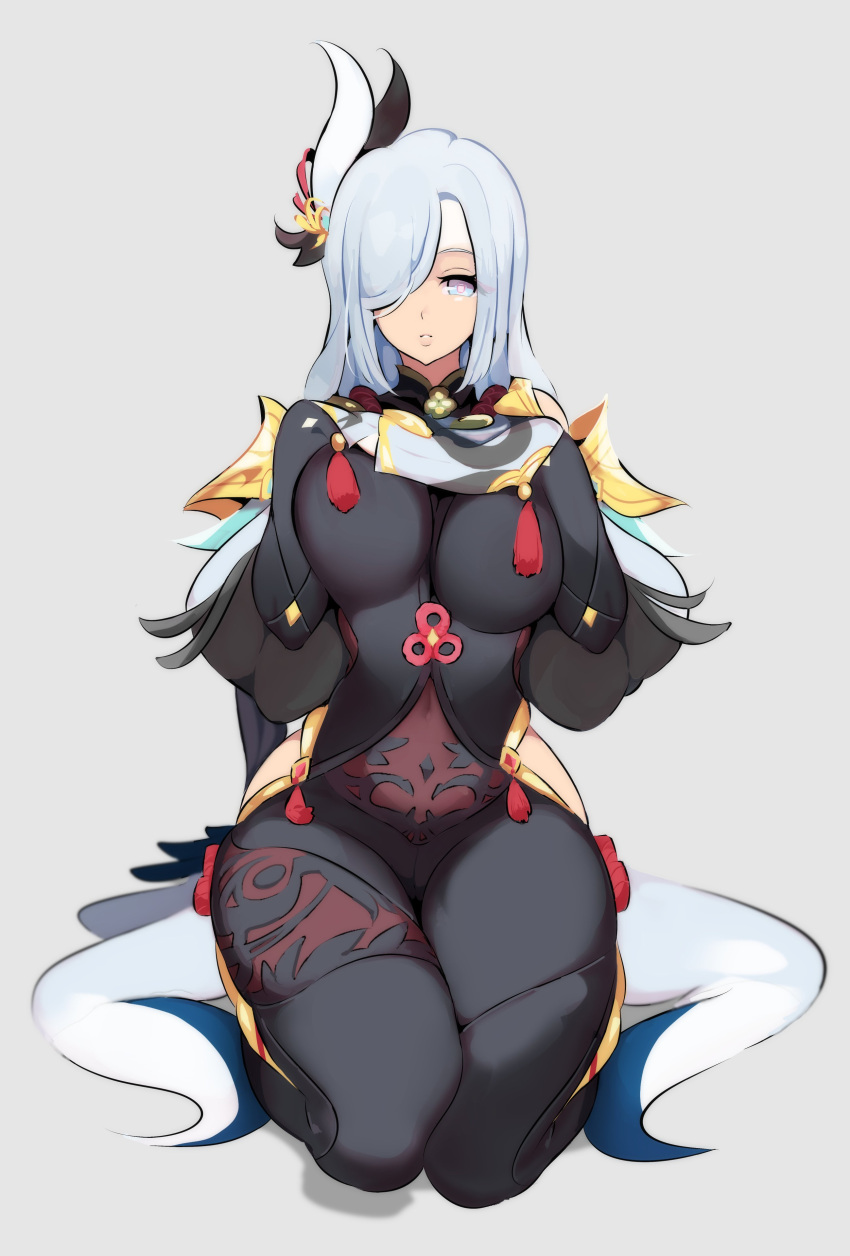 1girl absurdres armor bangs black_bodysuit bodysuit breast_curtain breast_suppress breasts clothing_cutout commentary covered_navel curvy expressionless flower_knot full_body genshin_impact gold_trim grey_background hair_between_eyes hair_ornament hair_over_one_eye hand_on_own_chest highres hip_vent kneeling large_breasts light_blue_eyes light_blue_hair lips long_hair looking_at_viewer nac000 navel_cutout parted_bangs parted_lips shenhe_(genshin_impact) shoulder_armor simple_background skin_tight solo tassel