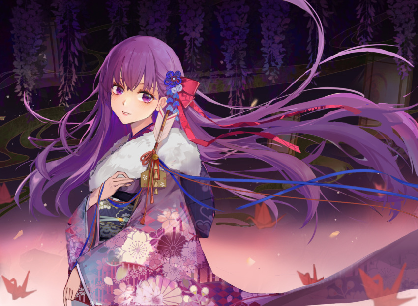 1girl absurdres animal_print aquarzaaa bangs blue_eyes bow closed_mouth clouds commentary_request evening eyebrows_visible_through_hair fate/stay_night fate_(series) fish_print flower from_side hair_bun hair_flower hair_ornament hair_ribbon heaven's_feel highres japanese_clothes kimono large_bow long_sleeves looking_away matou_sakura outdoors print_kimono purple_bow purple_hair purple_sky red_ribbon ribbon smile solo