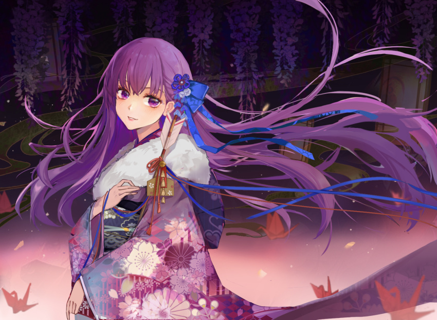 1girl absurdres animal_print aquarzaaa bangs blue_eyes bow closed_mouth clouds commentary_request evening eyebrows_visible_through_hair fate/extra_ccc fate/grand_order fate_(series) fish_print flower from_side hair_bun hair_flower hair_ornament hair_ribbon highres japanese_clothes kimono large_bow long_sleeves looking_away meltryllis outdoors print_kimono purple_bow purple_hair purple_sky red_ribbon ribbon smile solo