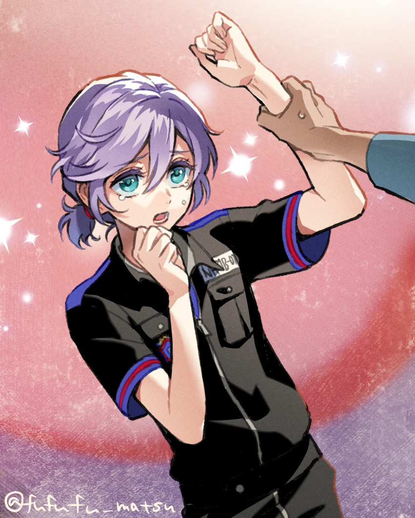 1boy androgynous arm_grab blue_eyes crying epel_felmier funuyu highres looking_at_another nervous pale_skin purple_hair short_ponytail tearing_up twisted_wonderland