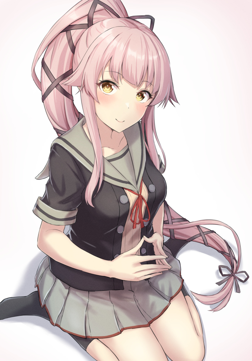 1girl black_legwear black_ribbon blush closed_mouth collarbone eyebrows_visible_through_hair grey_sailor_collar grey_skirt highres kantai_collection kneehighs long_hair looking_at_viewer monoku pink_hair pleated_skirt ponytail red_ribbon ribbon sailor_collar short_sleeves sitting skirt smile solo very_long_hair wariza yellow_eyes yura_(kancolle) yura_kai_ni_(kancolle)