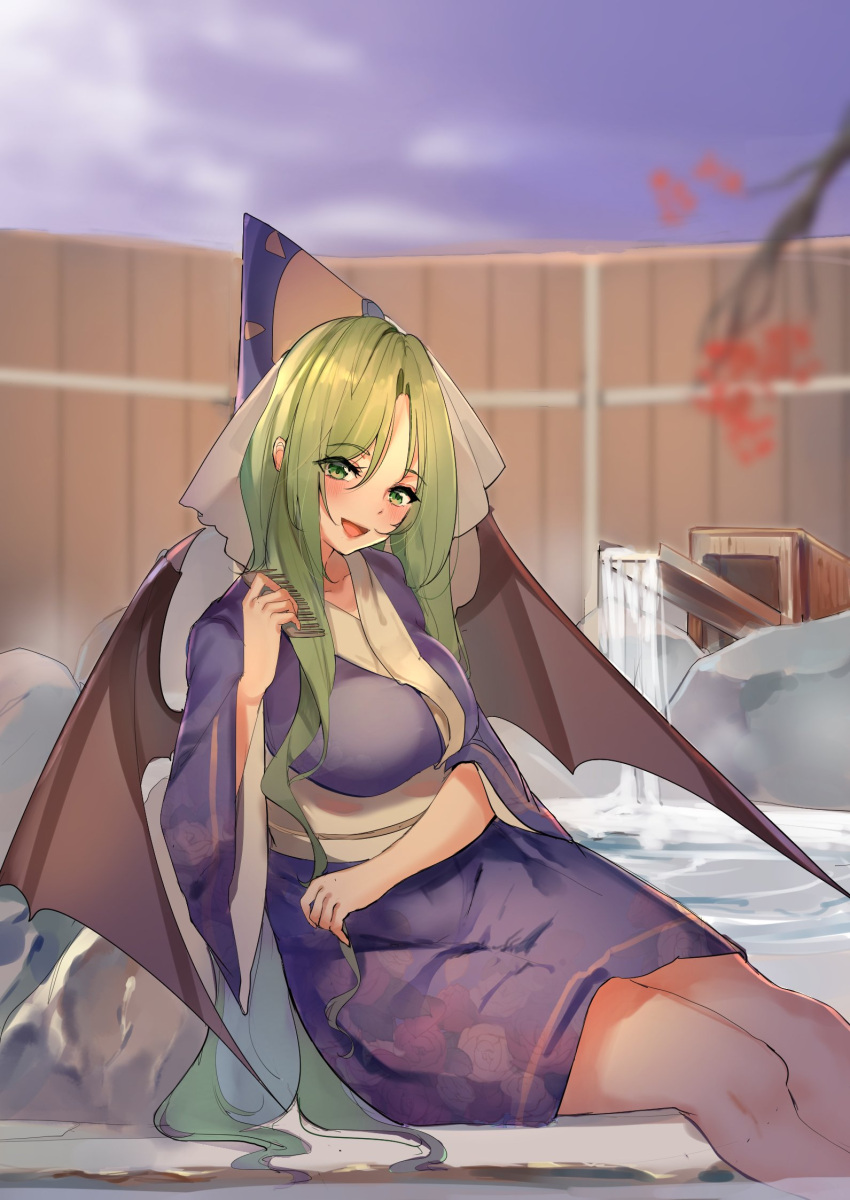 1girl alternate_costume bangs bat_wings blue_headwear blue_kimono blue_sky blurry blurry_background blush branch breasts collarbone comb commentary_request demon_wings feet_out_of_frame hat highres holding holding_comb japanese_clothes kimono knees kuroko_tori large_breasts long_hair long_sleeves looking_at_viewer mima_(touhou) obi onsen open_mouth parted_bangs sash sidelocks sitting sky solo touhou touhou_(pc-98) very_long_hair water wide_sleeves wings witch_hat