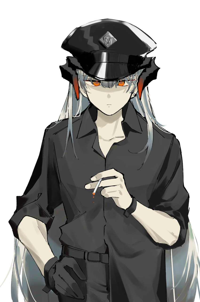 1girl absurdres arknights black_gloves black_headwear black_pants black_shirt bracer cigarette closed_mouth collared_shirt commentary dragon_horns gloves hat highres holding holding_cigarette horns long_hair looking_at_viewer official_alternate_costume orange_eyes pants police_hat saria_(arknights) saria_(the_law)_(arknights) shirt simple_background single_glove sleeves_rolled_up solo symbol-only_commentary upper_body white_background white_hair zy