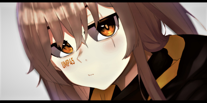 1girl brown_eyes brown_hair character_name close-up commentary face girls_frontline hair_between_eyes hood hood_down hooded_jacket jacket letterboxed long_hair looking_at_viewer palaiva_0118 scar scar_across_eye simple_background solo ump45_(girls'_frontline) white_background