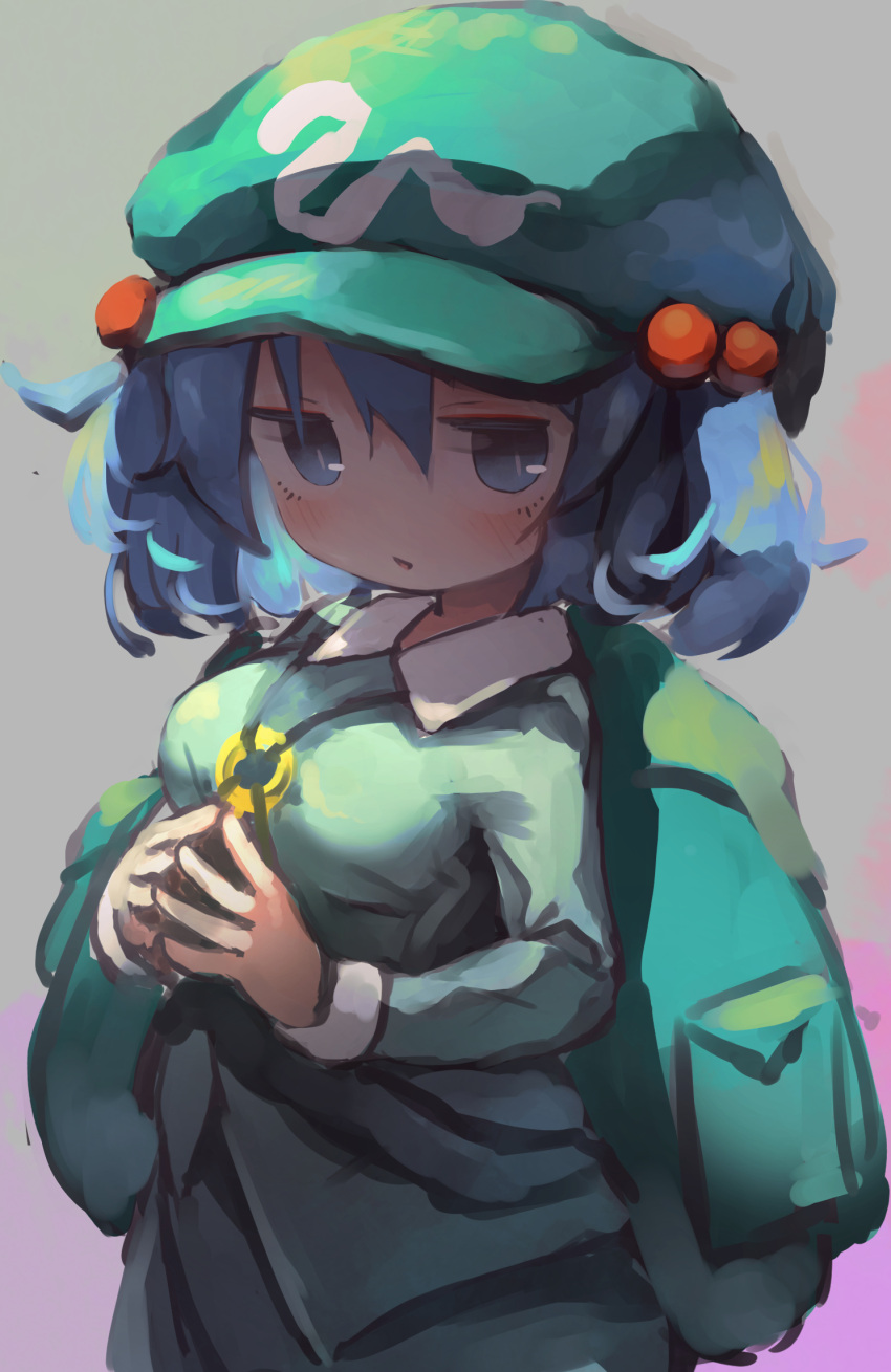 1girl backpack bag bangs blouse blue_blouse blue_eyes blue_hair chii_(tsumami_tsumamare) collarbone eyebrows_visible_through_hair flat_cap green_headwear grey_background hair_bobbles hair_ornament hat highres kawashiro_nitori key long_sleeves looking_at_viewer open_mouth own_hands_together short_hair solo touhou two_side_up upper_body