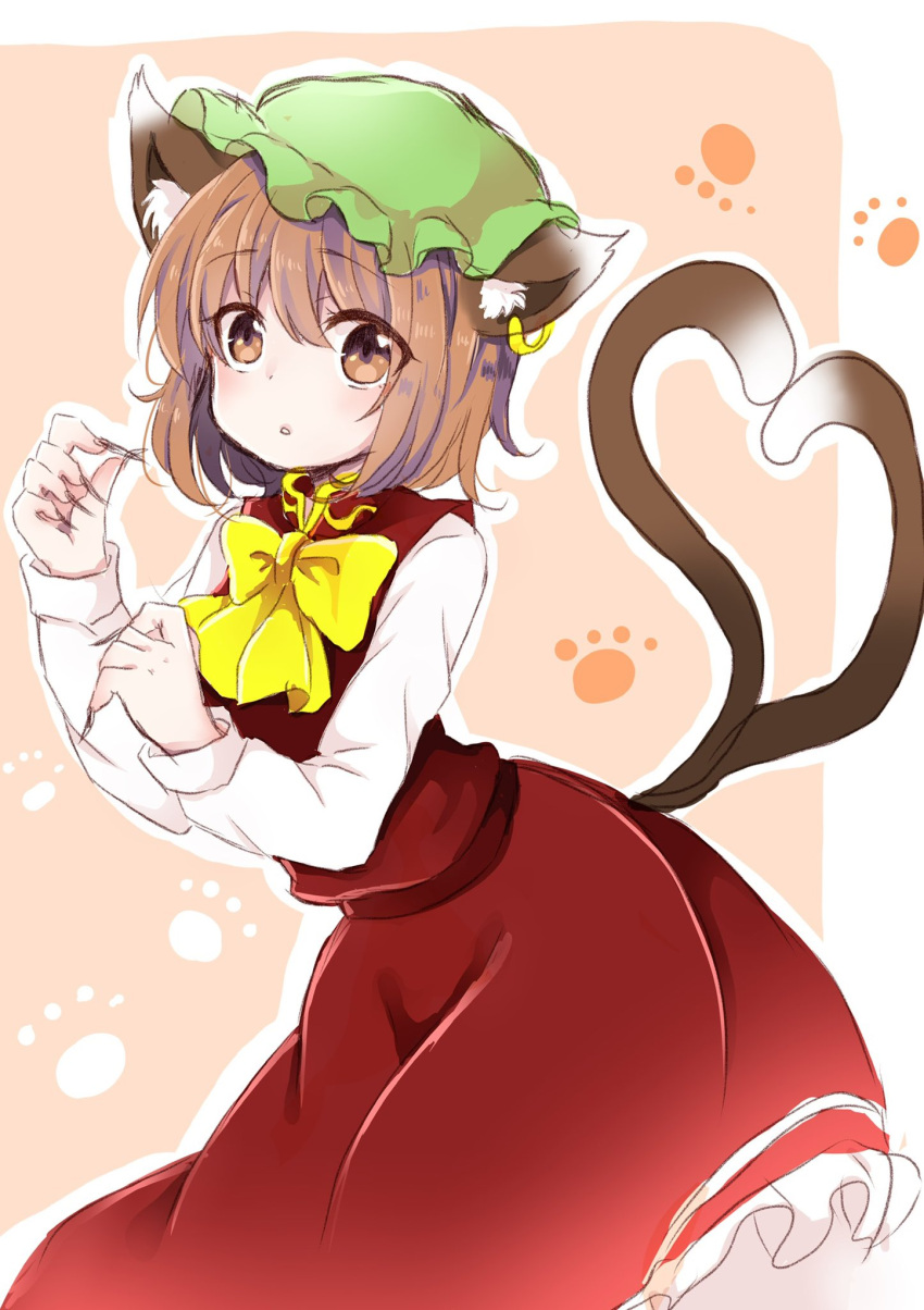 1girl :o animal_ears bent_over bow bowtie brown_eyes brown_hair cat_ears cat_tail chen cowboy_shot fingernails hands_up hat heart heart_tail highres looking_at_viewer mob_cap multiple_tails nekomata ponta_(wwtaimeww) sharp_fingernails short_hair simple_background solo tail touhou two_tails yellow_bow yellow_bowtie