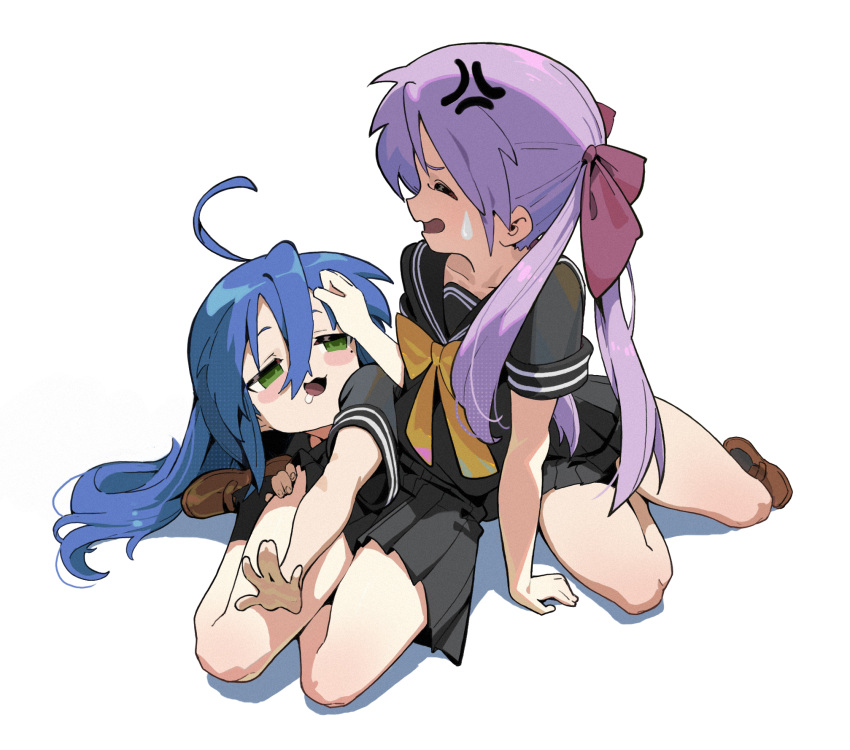 2girls ahoge alternate_costume angel_beats! anger_vein bad_anatomy black_serafuku black_shirt black_skirt blue_eyes closed_eyes green_eyes hair_ribbon highres hiiragi_kagami izumi_konata lucky_star mole mole_under_eye multiple_girls neckerchief pleated_skirt purple_hair purple_ribbon ribbon school_uniform serafuku shirt simple_background skirt twintails waterkuma white_background yellow_neckerchief