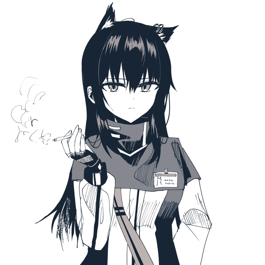 1girl absurdres animal_ear_fluff animal_ears arknights bangs between_fingers capelet character_name chihuri cigarette closed_mouth clothes_writing ear_piercing fingerless_gloves gloves greyscale hair_between_eyes hand_up highres holding holding_cigarette jacket long_hair long_sleeves looking_at_viewer monochrome piercing puffy_long_sleeves puffy_sleeves simple_background smoke solo texas_(arknights) upper_body very_long_hair white_background
