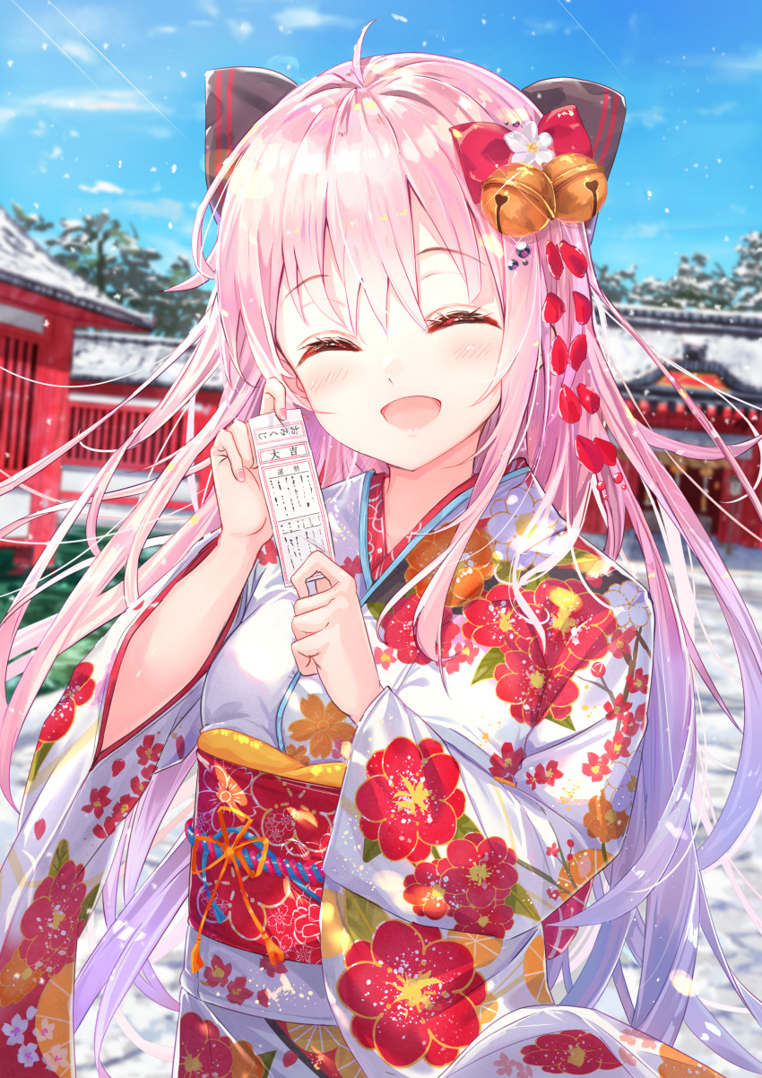 1girl :d absurdres bangs bell black_bow blue_sky bow closed_eyes clouds eyebrows_visible_through_hair facing_viewer floral_print hair_bell hair_bow hair_ornament highres japanese_clothes kimono long_hair long_sleeves na_kyo new_year open_mouth original outdoors pink_hair pink_nails red_sash sash shrine sky smile snow solo white_kimono wide_sleeves