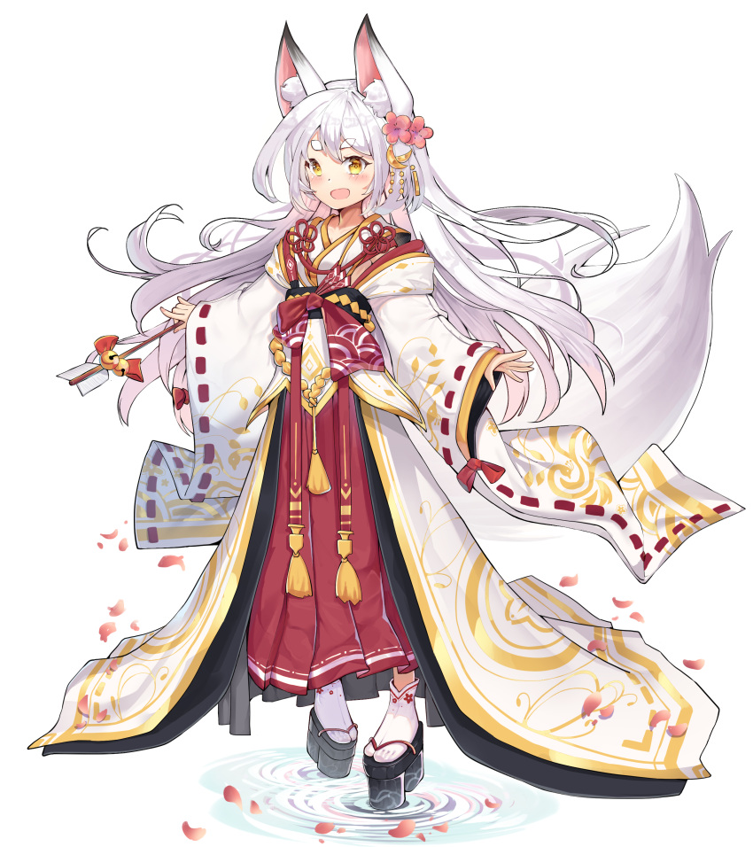 1girl :d \n/ \||/ absurdres animal_ear_fluff animal_ears bangs blush eyebrows_visible_through_hair flower fox_ears fox_girl fox_tail hair_flower hair_ornament highres japanese_clothes long_hair miko original petals qiuyueruona simple_background smile solo standing tabi tail tail_raised thick_eyebrows water white_background white_hair yellow_eyes