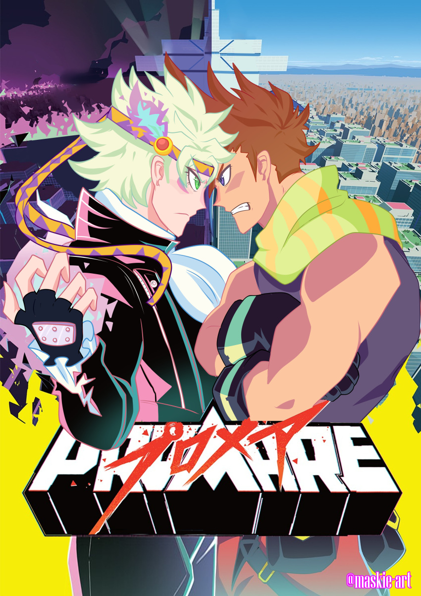 2boys absurdres ascot bare_shoulders battle_tendency black_jacket blonde_hair brown_hair caesar_anthonio_zeppeli cityscape crossed_arms derivative_work face-to-face facial_mark fingerless_gloves fire gloves green_eyes green_fire green_hair green_scarf headband highres jacket jojo_no_kimyou_na_bouken joseph_joestar joseph_joestar_(young) looking_at_viewer mad_burnish male_focus maskie-art multicolored_clothes multicolored_scarf multiple_boys parody promare purple_fire pyrokinesis scarf striped striped_scarf tan triangle_print violet_eyes yellow_scarf