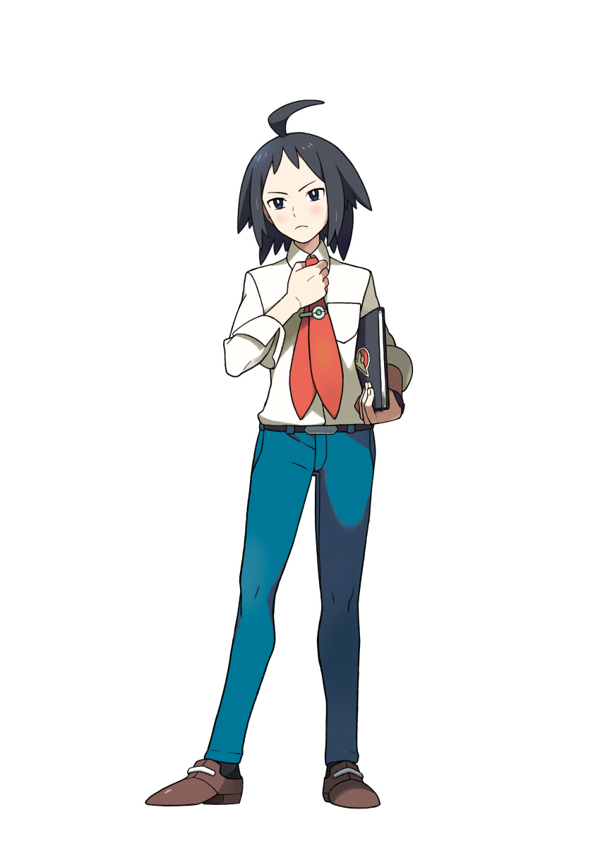 1boy absurdres adjusting_neckwear ahoge bangs belt belt_buckle black_eyes black_hair blush breast_pocket bright_pupils brown_footwear buckle cheren_(pokemon) closed_mouth collared_shirt frown full_body hand_up highres holding knees male_focus necktie official_art oomura_yuusuke pants pocket pokemon pokemon_(game) pokemon_bw2 shirt shoes short_hair sleeves_rolled_up solo standing transparent_background white_pupils white_shirt