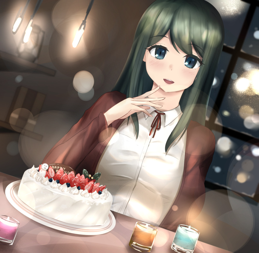 1girl blush breasts brown_cardigan cake candle cardigan collared_shirt commission cureecoolan eyebrows_visible_through_hair food fruit green_eyes green_hair happy_birthday head_tilt highres kazama_touko lens_flare looking_at_viewer medium_breasts muvluv muvluv_alternative neck_ribbon open_mouth red_ribbon ribbon shirt skeb_commission smile solo strawberry white_shirt window