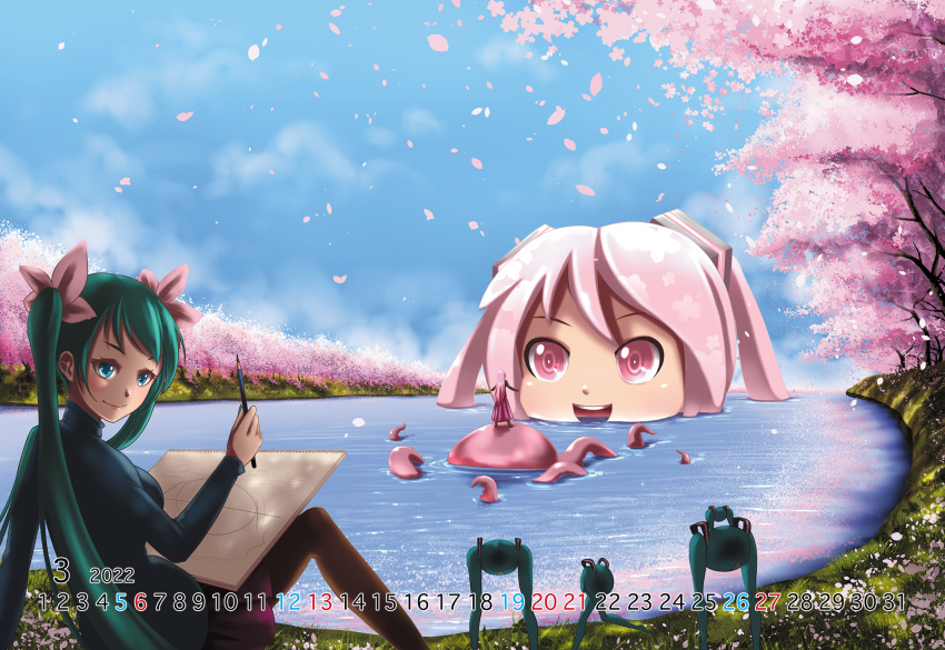 calendar_(medium) cherry_blossoms drawing hatsune_miku highres lake lolita_majin long_hair march megurine_luka mikudayoo outdoors pink_eyes pink_hair sakura_miku shiteyan'yo solo_focus takoluka twintails vocaloid