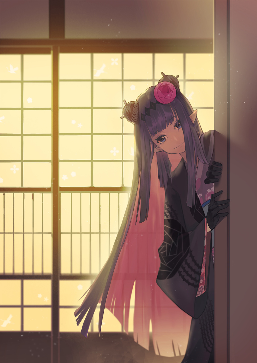 1girl absurdres bangs black_gloves black_hairband blue_eyes closed_mouth colored_inner_hair commentary_request double_bun flower gloves hair_flower hair_ornament hairband haori highres hololive hololive_english indoors japanese_clothes kimono long_hair long_sleeves looking_at_viewer multicolored_hair ninomae_ina'nis old-night peeking_out pink_hair pointy_ears purple_hair purple_kimono smile solo standing very_long_hair virtual_youtuber