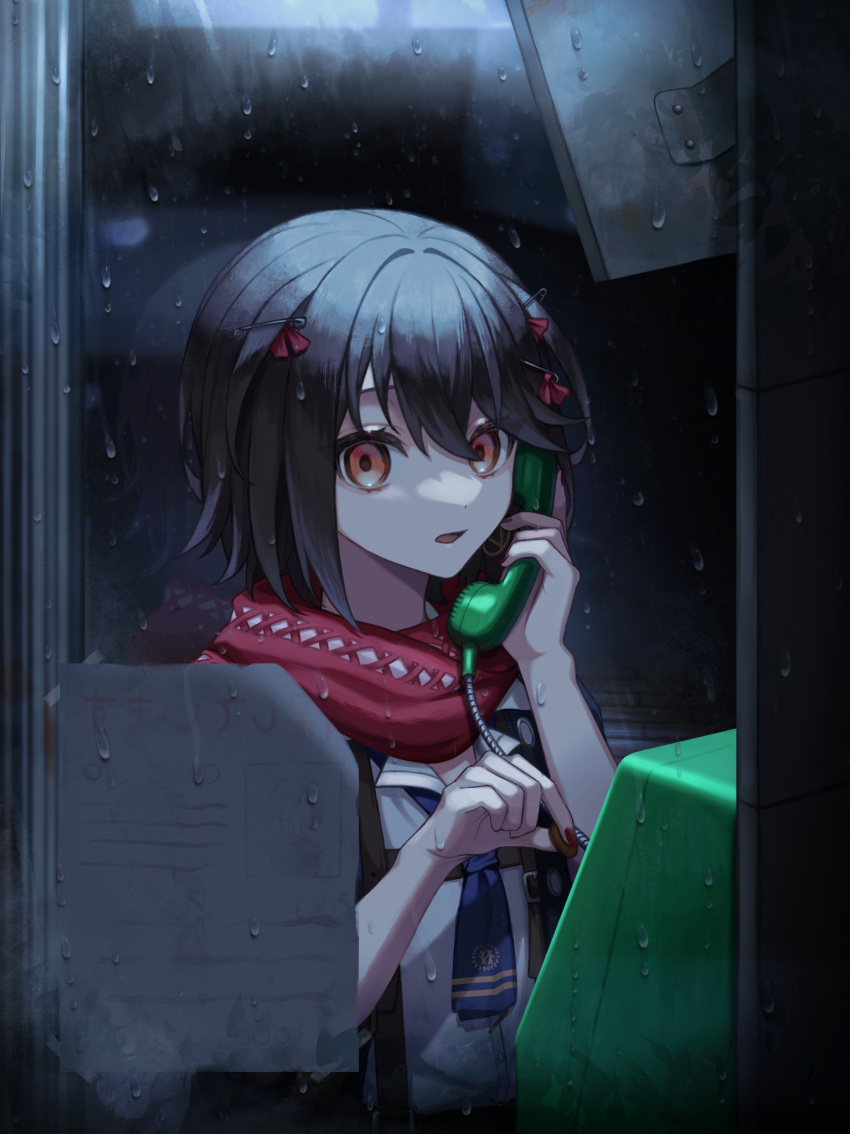 1boy 39_iduki androgynous bow brown_hair hair_ornament hairclip highres looking_to_the_side mashiro_(nijisanji) nail_polish nijisanji pale_skin phone phone_booth rain scarf staple virtual_youtuber water_drop wire yellow_eyes