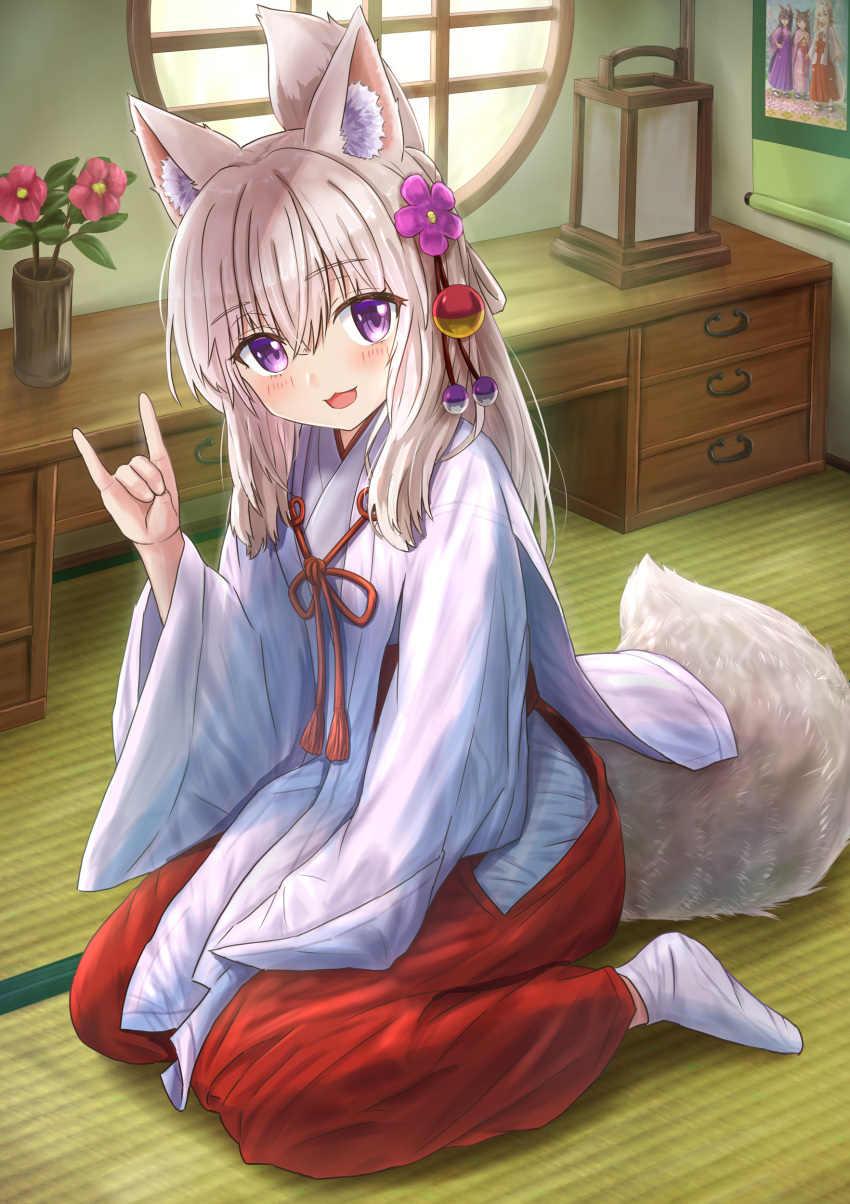 1girl :d absurdres animal_ear_fluff animal_ears ankle_socks bangs blush commentary_request eyebrows_visible_through_hair flower folded_ponytail fox_ears fox_girl fox_shadow_puppet fox_tail grey_hair hair_between_eyes hair_flower hair_ornament highres indoors iroha_(iroha_matsurika) japanese_clothes koyoi_(iroha_(iroha_matsurika)) kunoichi-chan_(iroha_(iroha_matsurika)) long_hair looking_at_viewer miko mutsuki_(iroha_(iroha_matsurika)) no_shoes on_floor original purple_flower red_flower smile socks solo tail tatami violet_eyes white_legwear