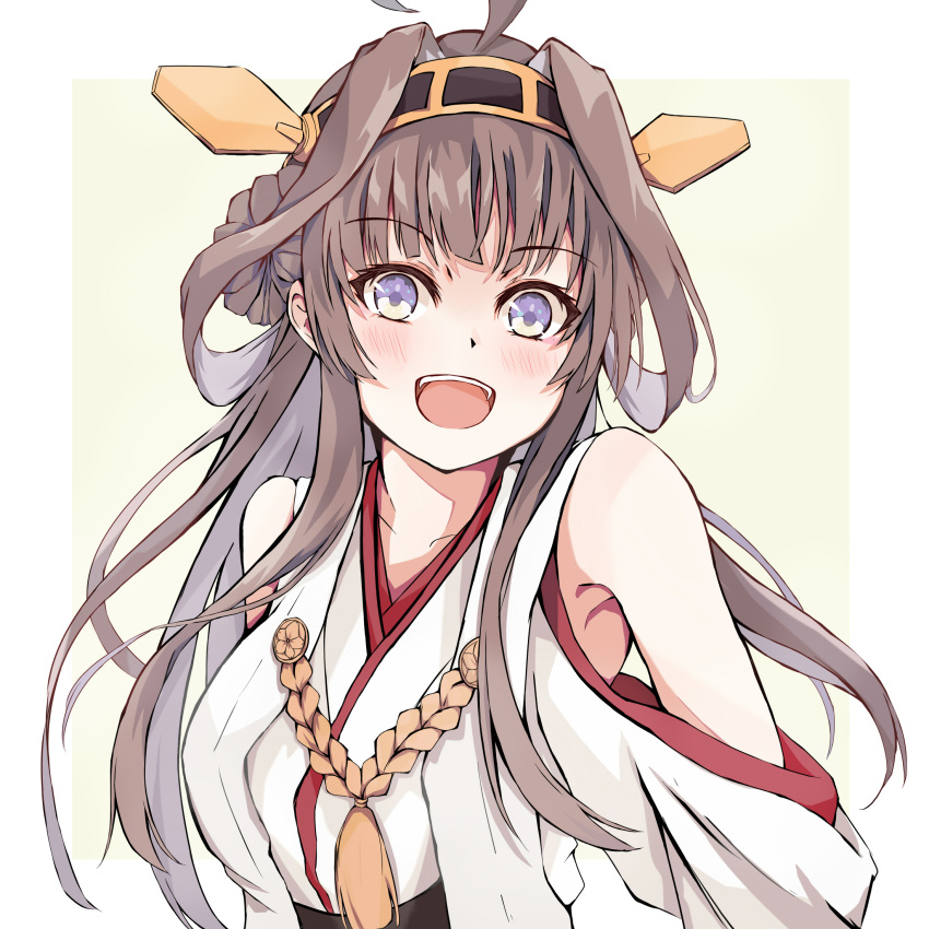 1girl ahoge bare_shoulders blush border brown_hair collarbone dairyo3 detached_sleeves double_bun eyebrows_visible_through_hair hairband headgear highres japanese_clothes kantai_collection kongou_(kancolle) long_hair nontraditional_miko open_mouth ribbon-trimmed_sleeves ribbon_trim smile solo upper_body violet_eyes white_border wide_sleeves