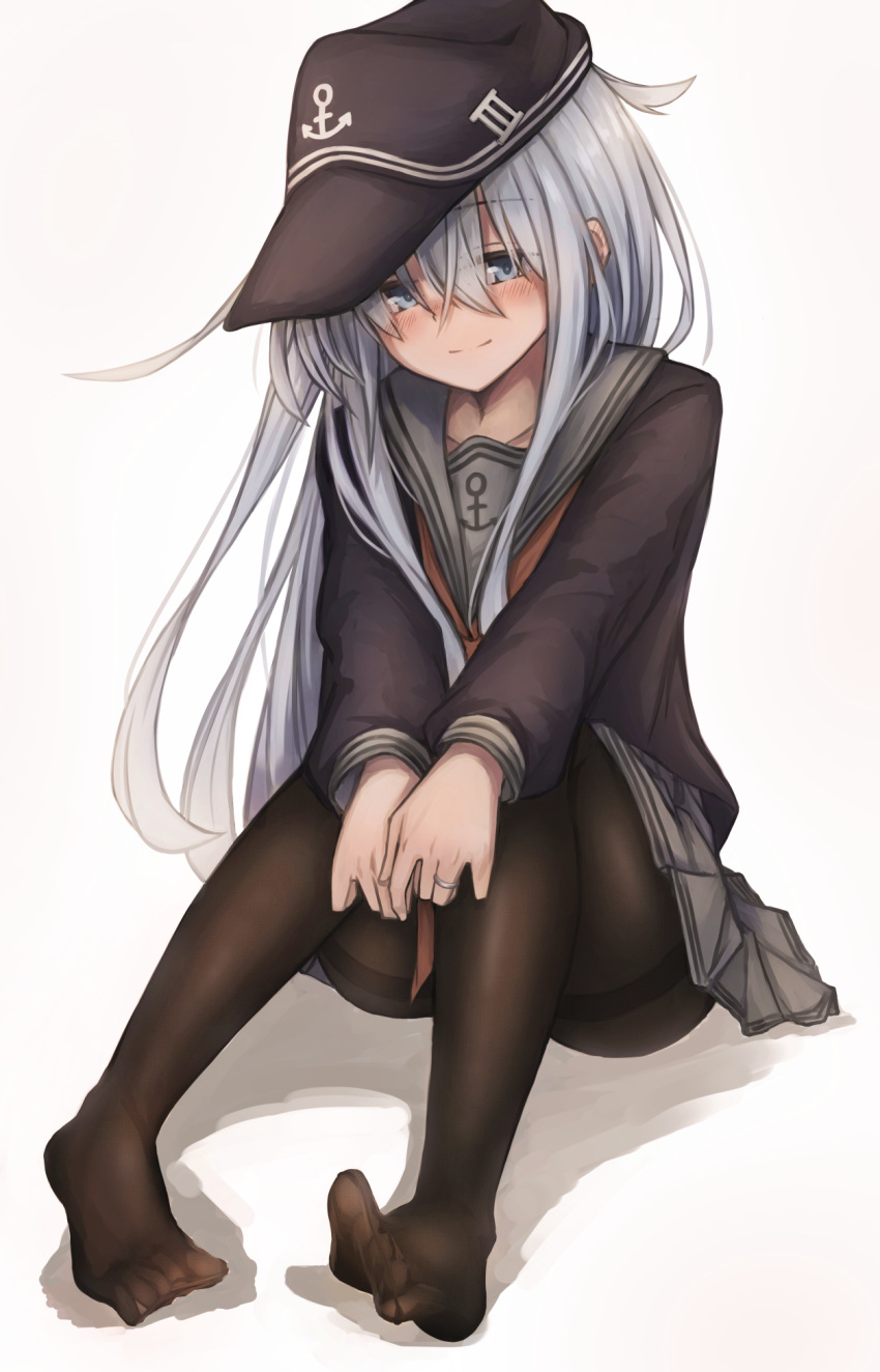 1girl alternate_color anchor_symbol black_legwear black_serafuku blue_eyes commentary_request flat_cap grey_sailor_collar grey_skirt hat hibiki_(kancolle) highres kantai_collection kuuru_(kuuru-n) long_hair looking_at_viewer neckerchief pantyhose pleated_skirt red_neckerchief sailor_collar school_uniform serafuku silver_hair skirt solo