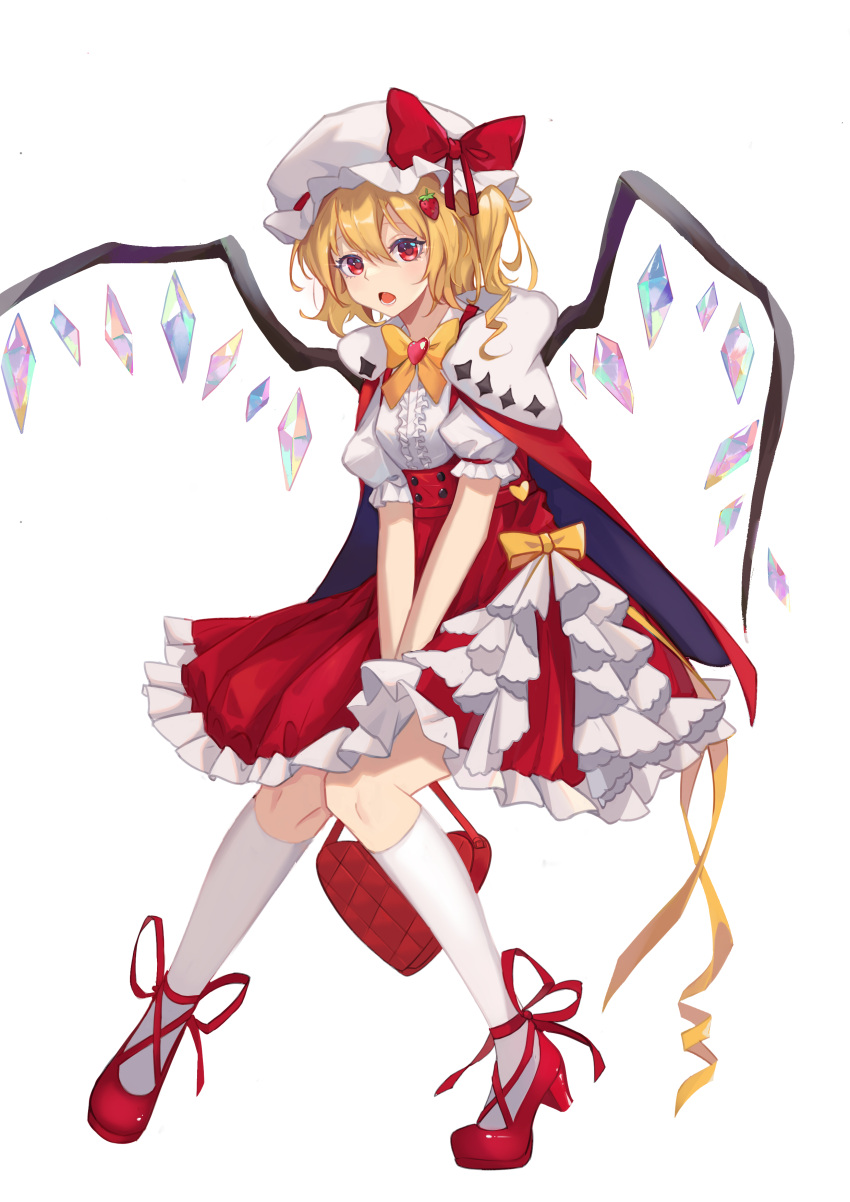 1girl :o absurdres bag bangs blonde_hair bow bowtie breasts chinese_commentary commentary crystal curly_hair fang flandre_scarlet food-themed_hair_ornament frilled_hat frilled_skirt frills full_body hair_between_eyes hair_ornament handbag hat hat_bow heart-shaped_bag highres kneehighs looking_at_viewer mary_janes medium_breasts mob_cap one_side_up open_mouth orange_bow own_hands_together red_bow red_eyes red_footwear ringlets shoes simple_background skirt solo standing strawberry_hair_ornament touhou white_background white_legwear wings yongzhe_mei_hong