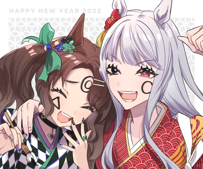 2girls alternate_costume animal_ears bangs black_nails blue_nails blunt_bangs brown_hair choker closed_eyes facepaint flower gold_ship_(umamusume) grey_hair hair_flower hair_ornament hand_to_own_mouth hands_up happy_new_year holding holding_paintbrush horse_ears horse_girl japanese_clothes kimono meumiharagane multicolored_nails multiple_girls new_year one_eye_closed paintbrush parted_lips purple_nails red_eyes tosen_jordan_(umamusume) twintails umamusume upper_body violet_eyes