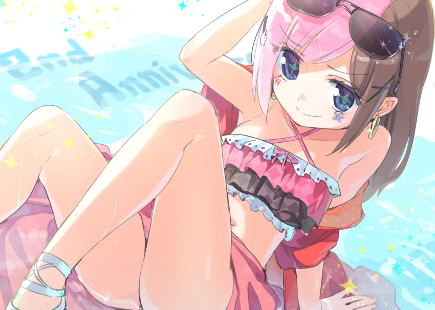 1girl blue_eyes brown_hair bunny_hair_ornament earrings hair_ornament highres homura_subaru indie_virtual_youtuber jewelry looking_at_viewer multicolored_hair pink_hair rabbit star-shaped_pupils star_(symbol) star_tattoo swimsuit symbol-shaped_pupils tattoo teremi_(vtuber) two-tone_hair virtual_youtuber water wet wet_clothes